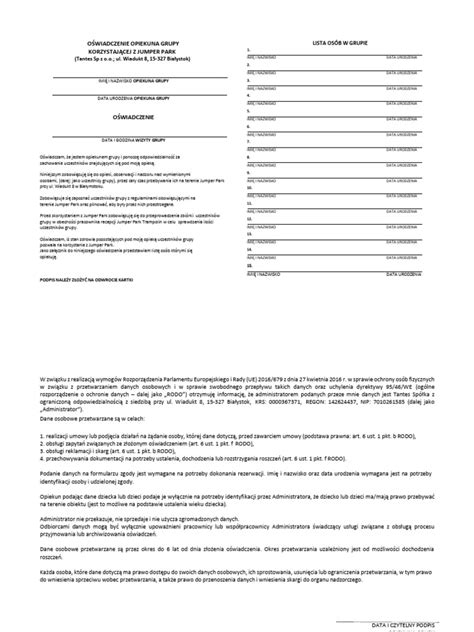 OŚWIADCZENIE OPIEKUNA GRUPY LISTA OSÓB W GRUPIE .